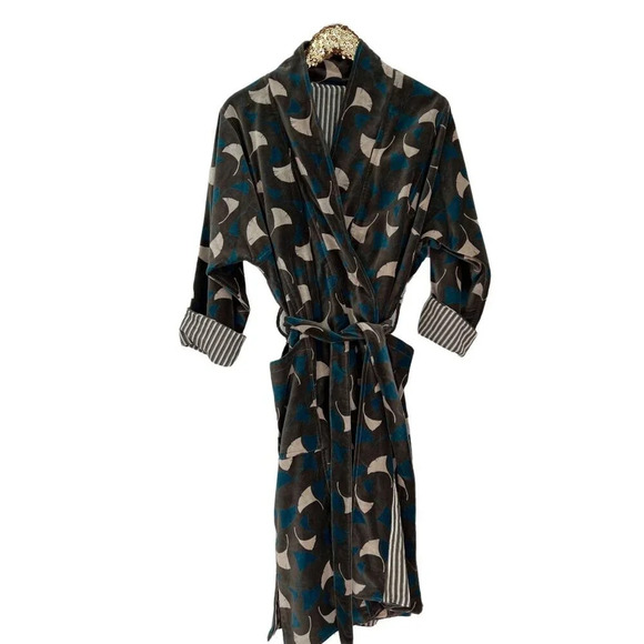 Long Cotton Velvet Block Print Robe - Picture 1 of 7